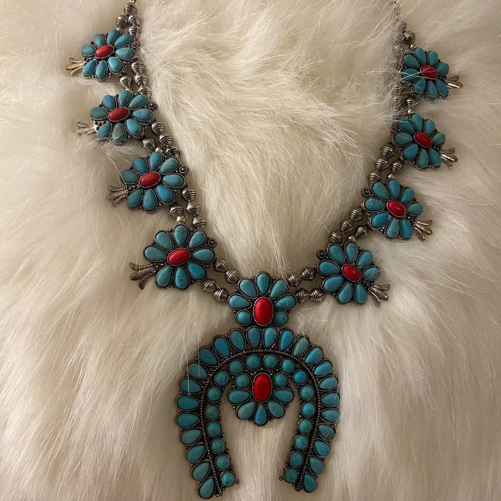 Turquoise & red squash blossom necklace